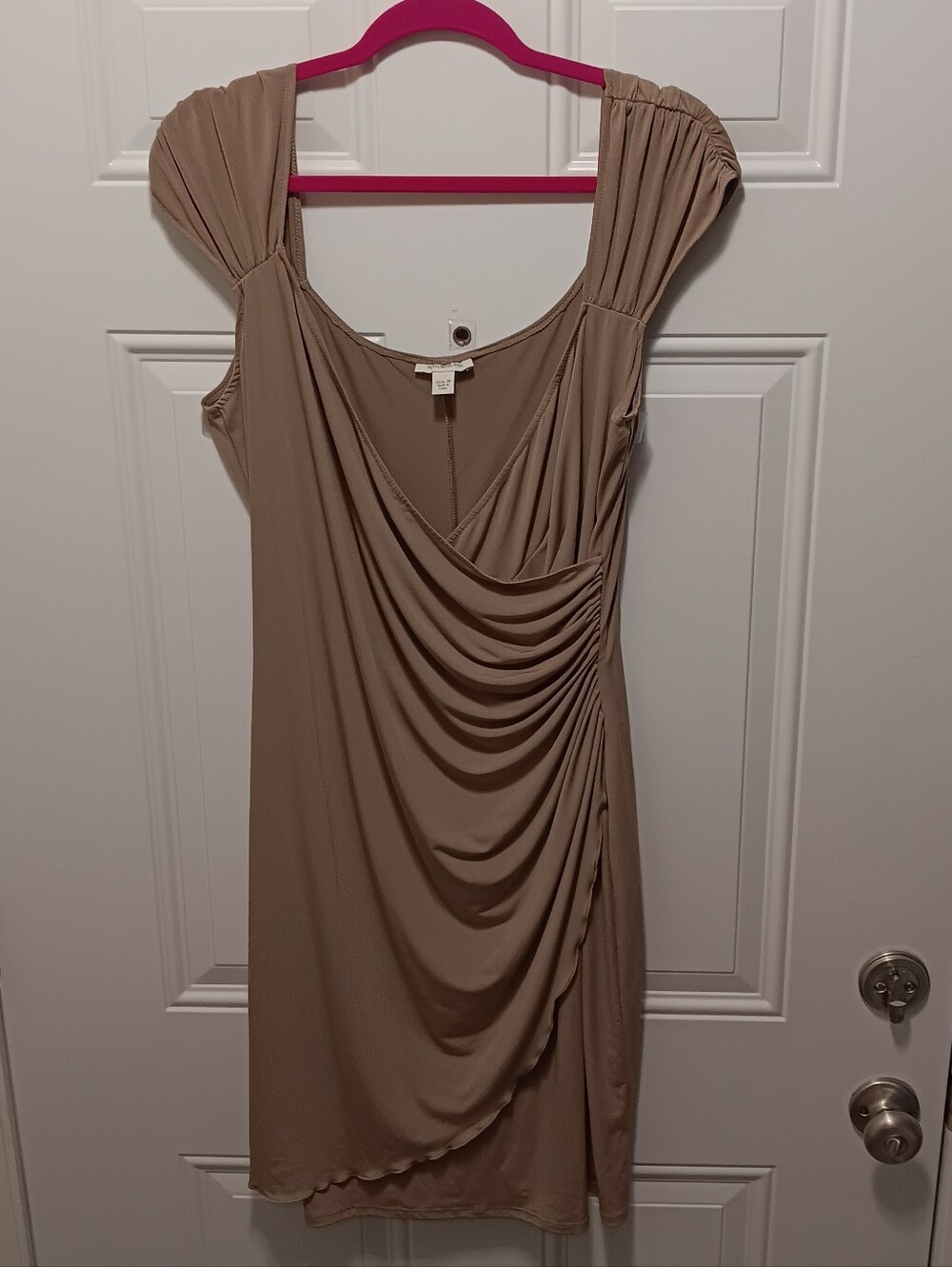 Boston Proper| Taupe Sz 16 Feminine Draped Ruched Wrap Capped Sleeves Romantic